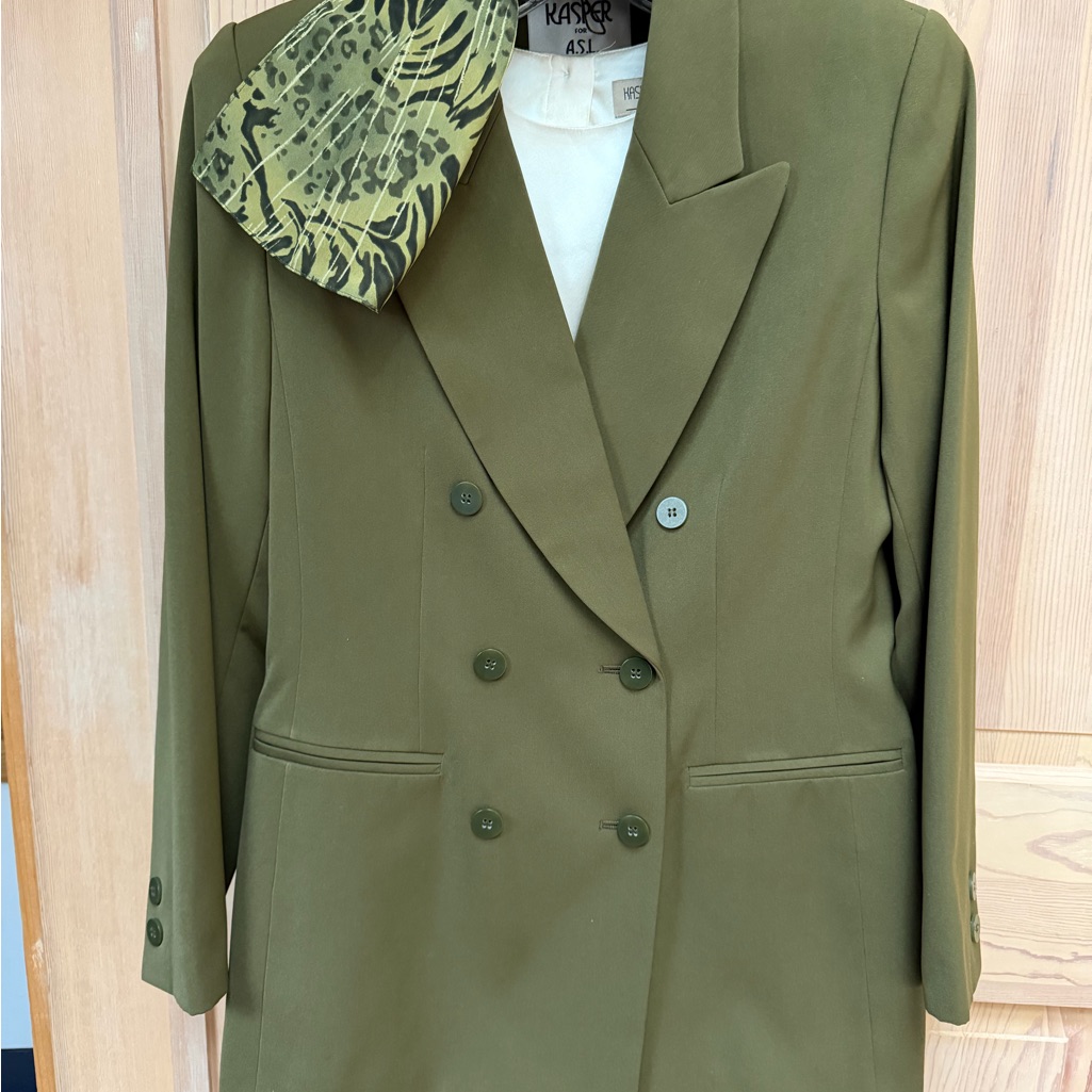 Kasper Olive Double-Breasted Suit Blazer, Skirt, Silk Blouse, Scarf